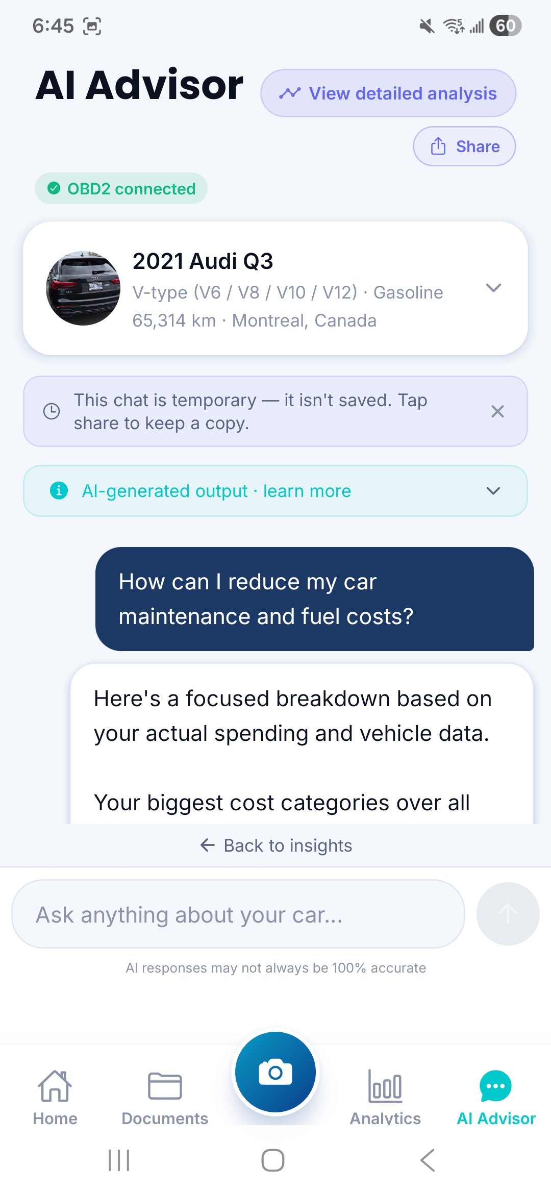 CarFai AI Advisor screen showing a question and an answer.