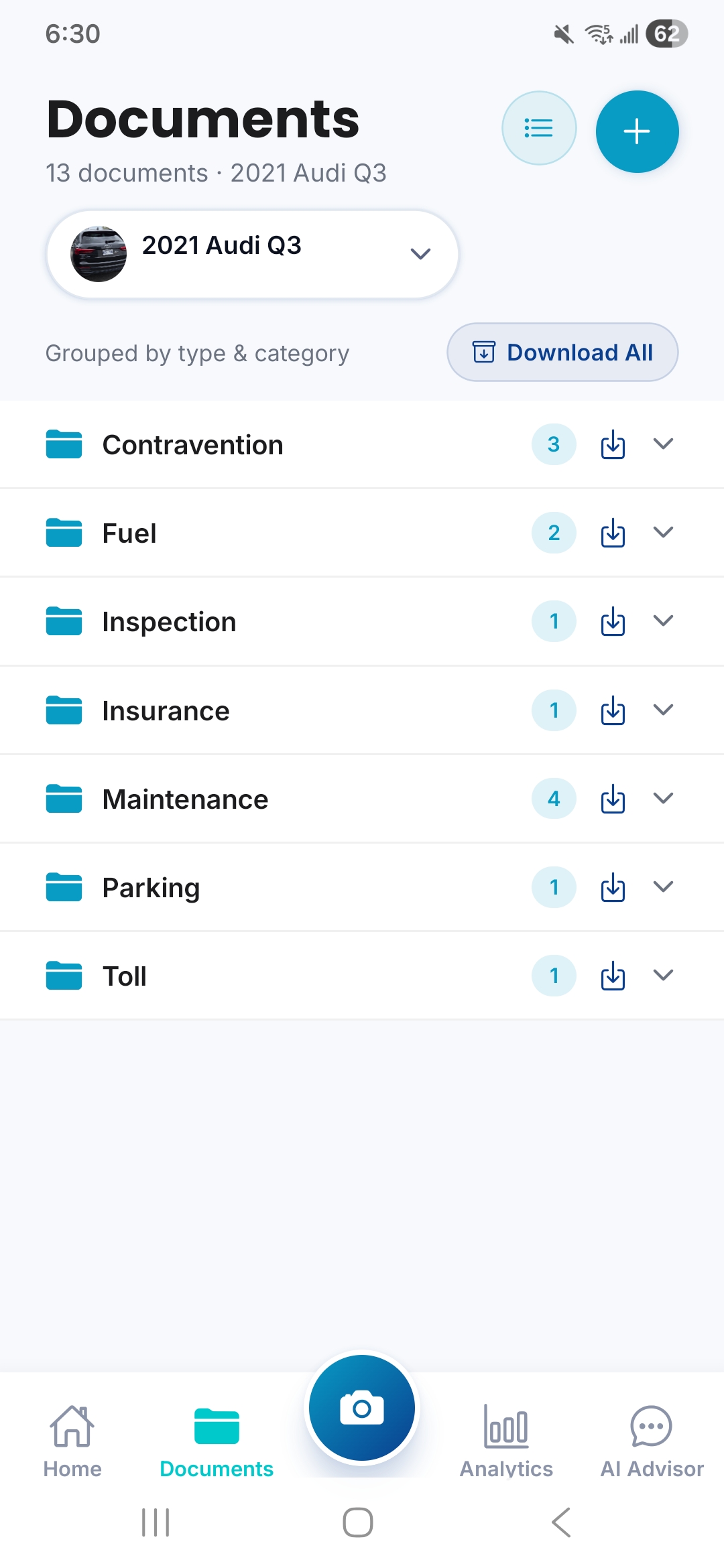 Documents screen grouping receipts into Contravention, Fuel, Insurance, Maintenance, Parking, and Toll folders.