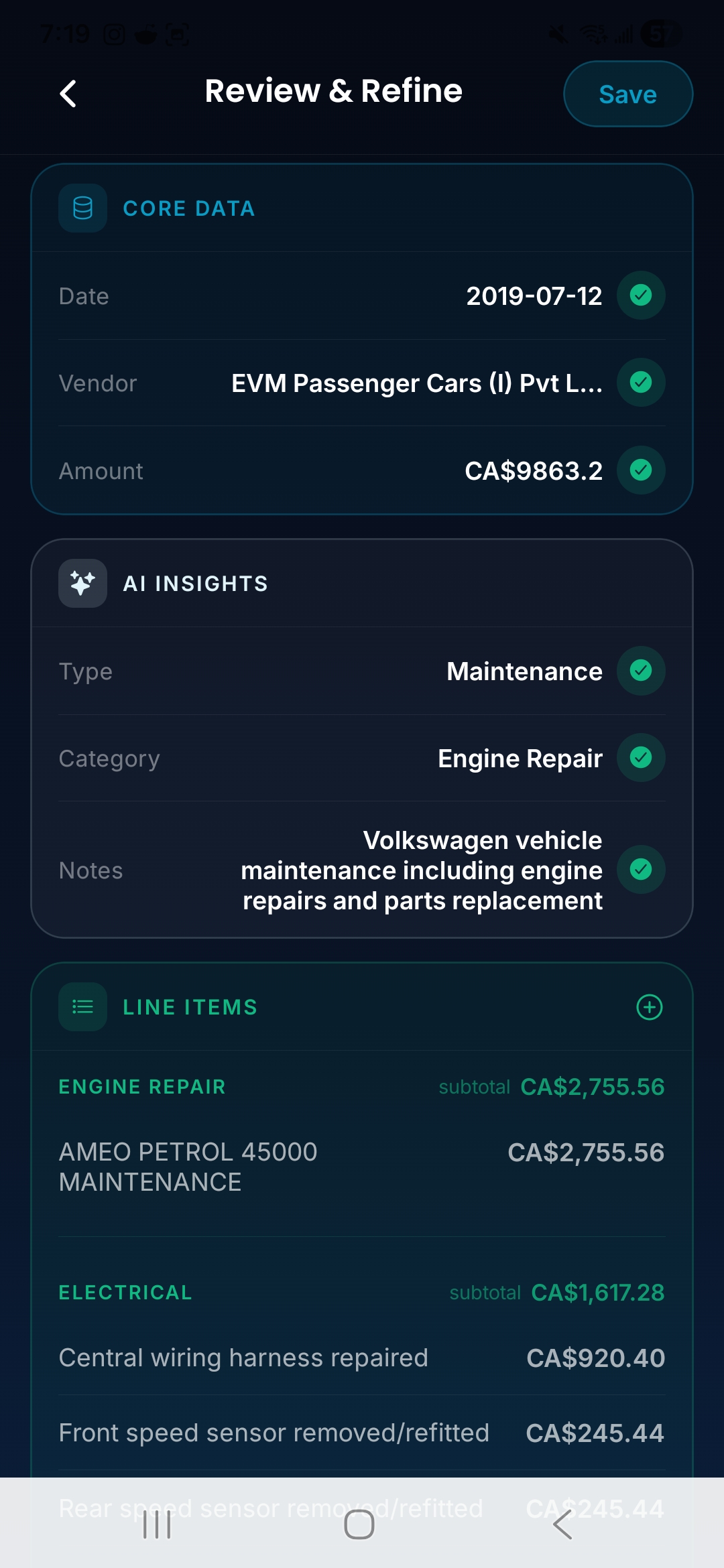 CarFai Review & Refine screen showing date, vendor and amount auto-extracted from a maintenance receipt, plus AI-inferred type, category, and line items.