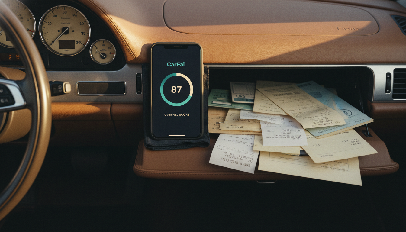 Editorial still-life: open glove box with documents on the right, phone with the CarFai score 87 in the centre, analog gauges on the left, all bathed in golden-hour light.